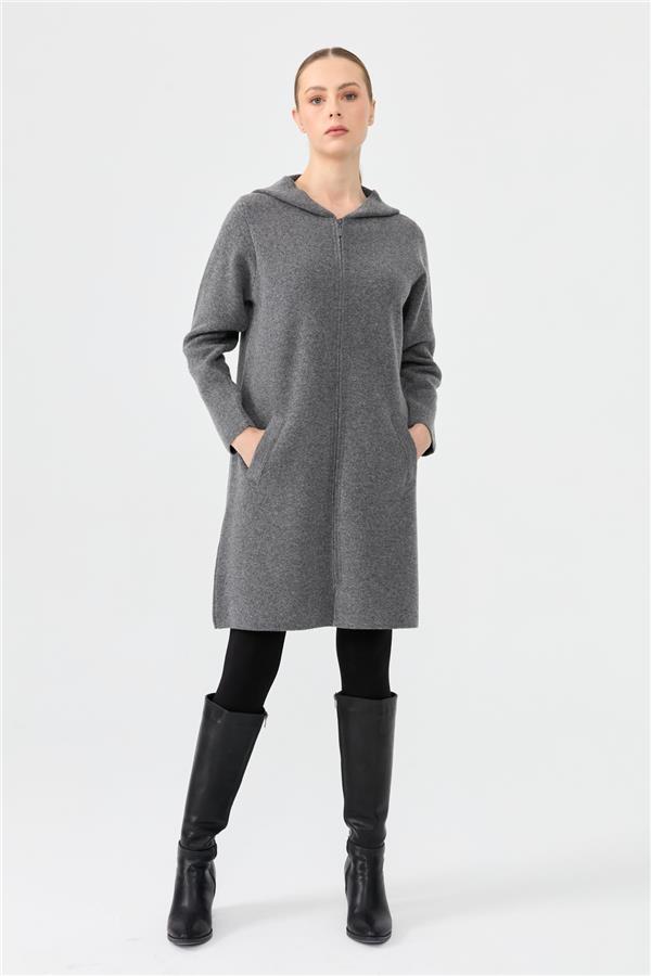 Kadın Kapüşonlu Fermuarlı Basic Uzun Yün Kaban Füme