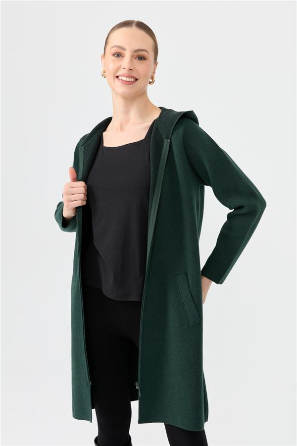 Kadın Kapüşonlu Fermuarlı Basic Uzun Yün Kaban Yeşil