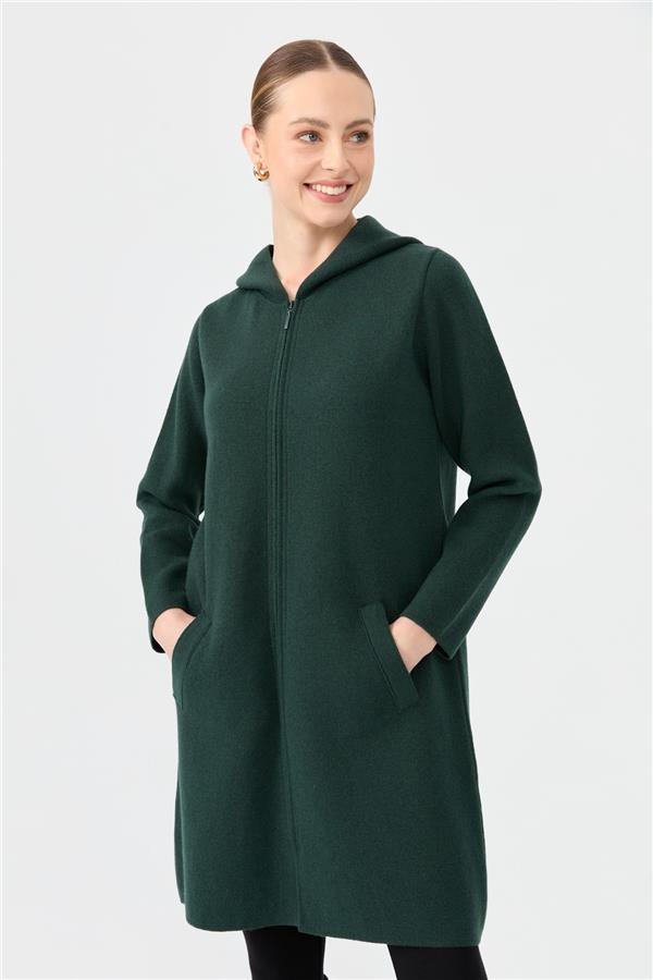 Kadın Kapüşonlu Fermuarlı Basic Uzun Yün Kaban Yeşil