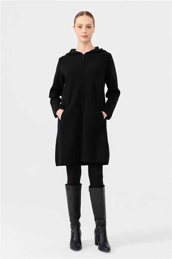 Kadın Kapüşonlu Fermuarlı Basic Uzun Yün Kaban Siyah