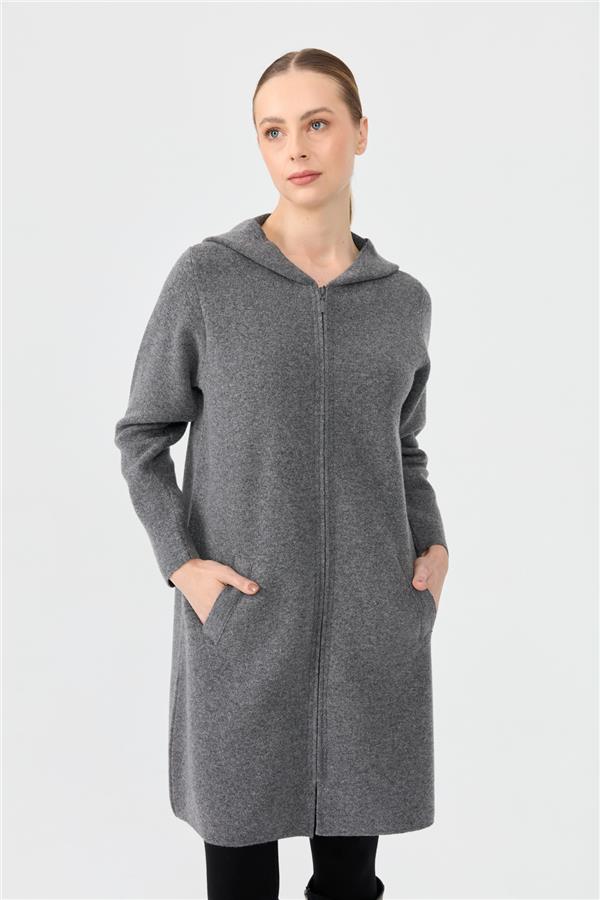 Kadın Kapüşonlu Fermuarlı Basic Uzun Yün Kaban Füme