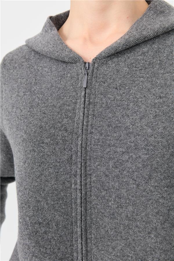 Kadın Kapüşonlu Fermuarlı Basic Uzun Yün Kaban Füme