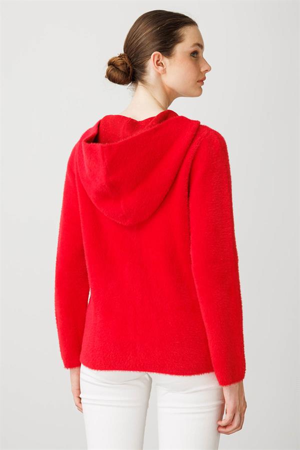 Kadın Kapüşonlu Fermuarlı Kısa Triko Ceket Y.Kırmızı