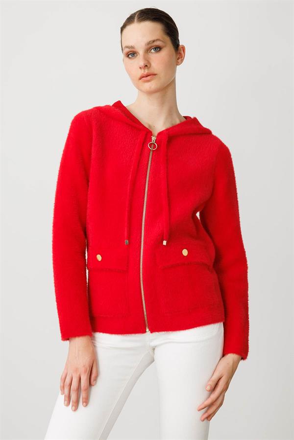 Kadın Kapüşonlu Fermuarlı Kısa Triko Ceket Y.Kırmızı