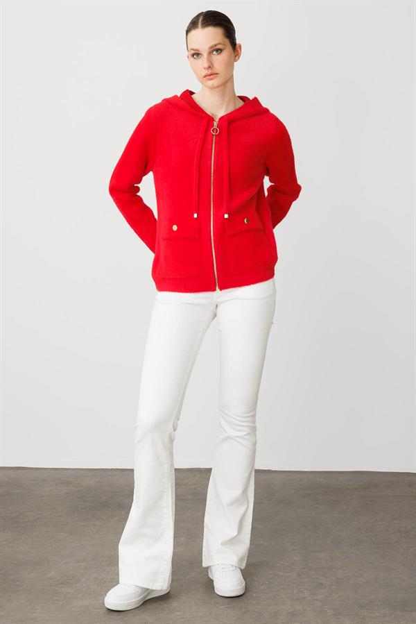 Kadın Kapüşonlu Fermuarlı Kısa Triko Ceket Y.Kırmızı