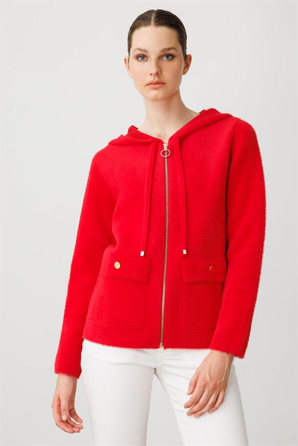 Kadın Kapüşonlu Fermuarlı Kısa Triko Ceket Y.Kırmızı