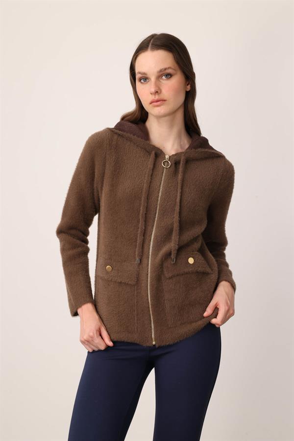 Kadın Kapüşonlu Fermuarlı Kısa Triko Ceket Kahve