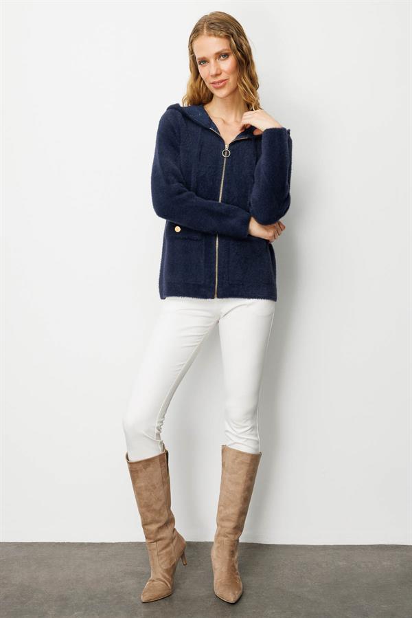 Kadın Kapüşonlu Fermuarlı Kısa Triko Ceket Lacivert