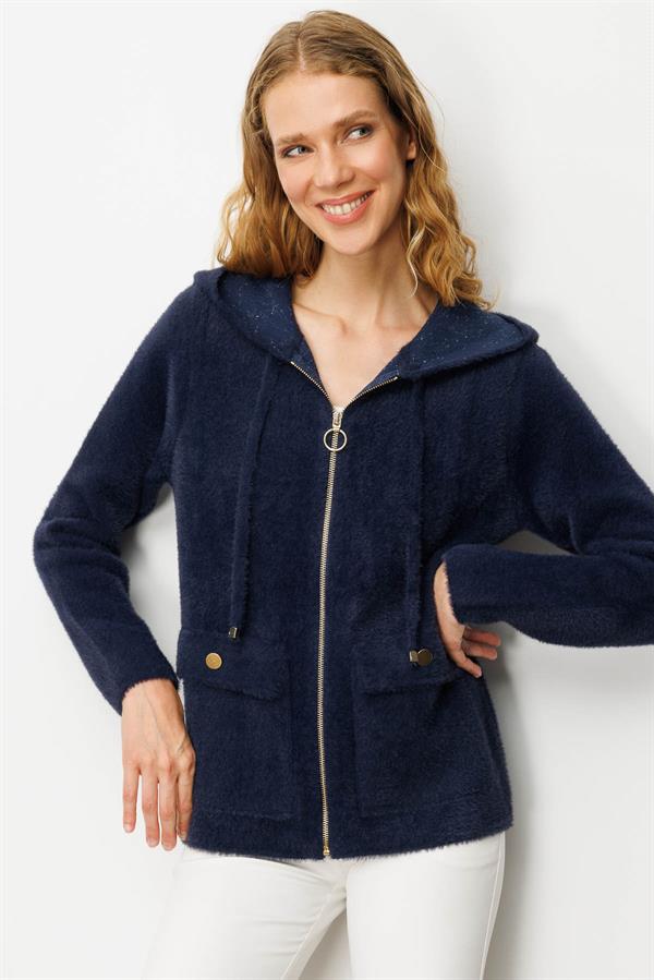 Kadın Kapüşonlu Fermuarlı Kısa Triko Ceket Lacivert