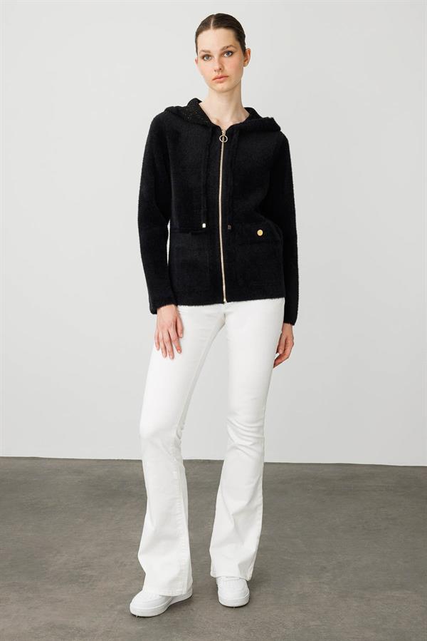 Kadın Kapüşonlu Fermuarlı Kısa Triko Ceket Siyah