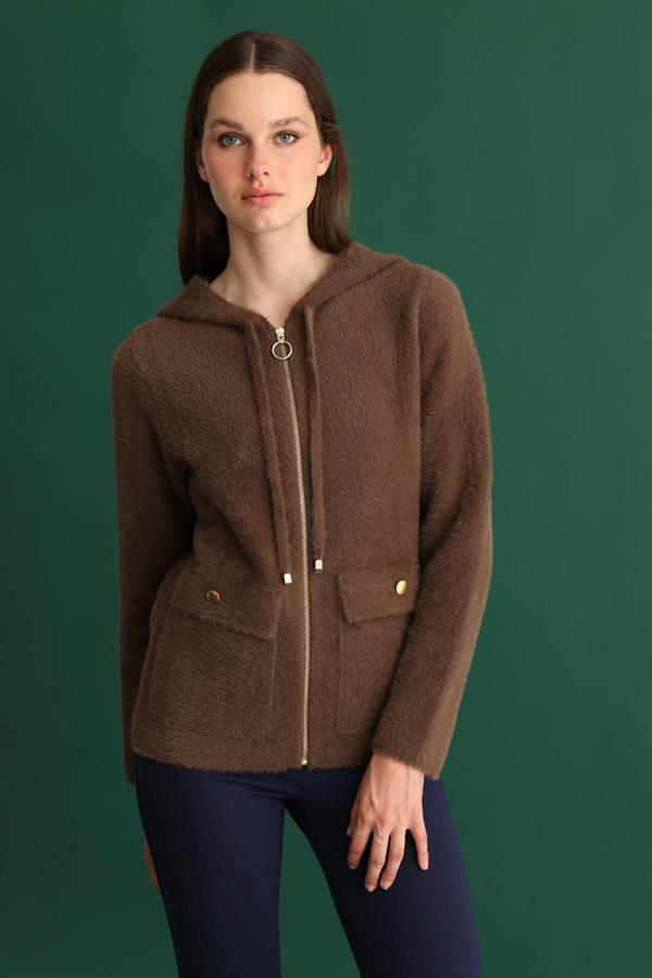 Kadın Kapüşonlu Fermuarlı Kısa Triko Ceket Kahve