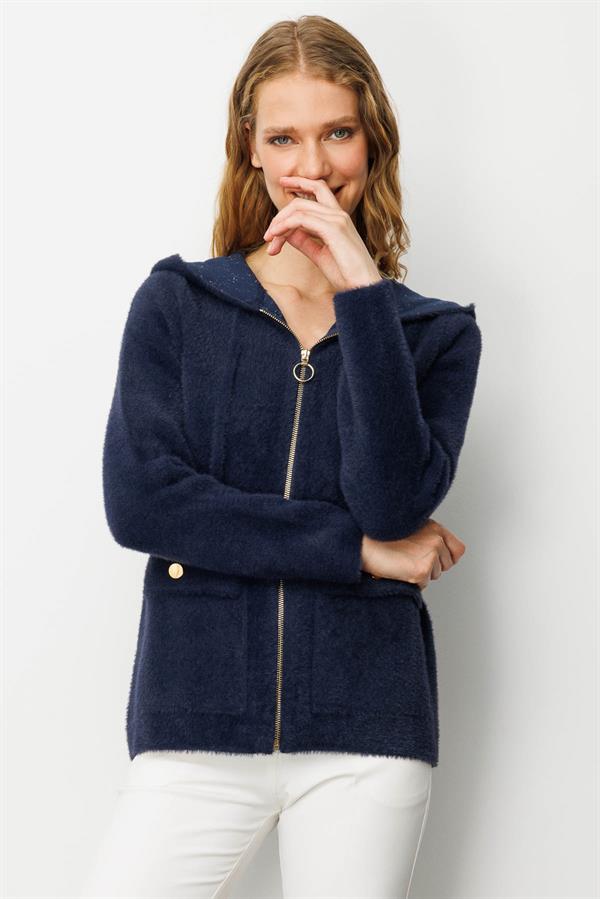Kadın Kapüşonlu Fermuarlı Kısa Triko Ceket Lacivert
