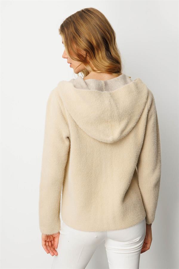 Kadın Kapüşonlu Fermuarlı Kısa Triko Ceket Bej