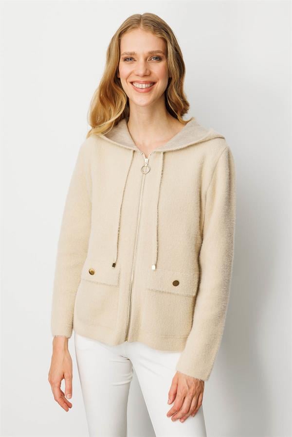 Kadın Kapüşonlu Fermuarlı Kısa Triko Ceket Bej