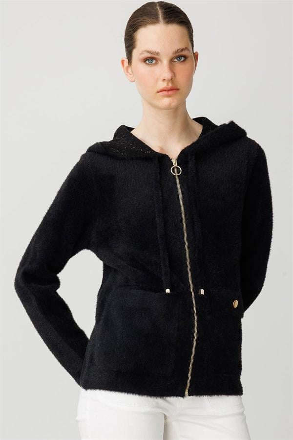 Kadın Kapüşonlu Fermuarlı Kısa Triko Ceket Siyah