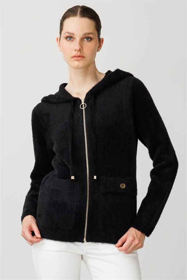 Kadın Kapüşonlu Fermuarlı Kısa Triko Ceket Siyah