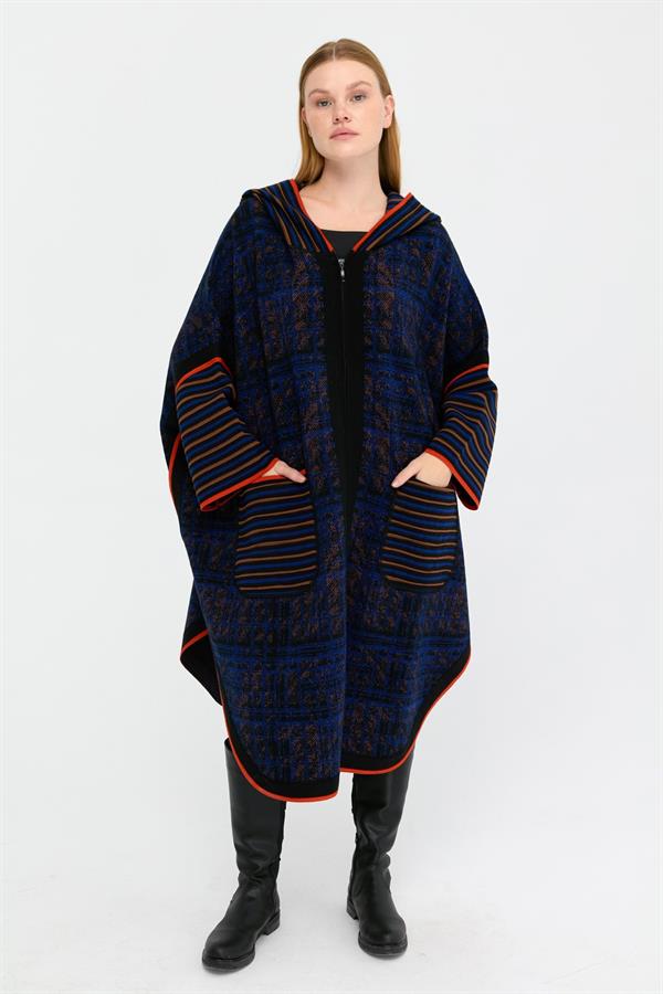 Kadın Kapüşonlu Fermuarlı Panço Siyah