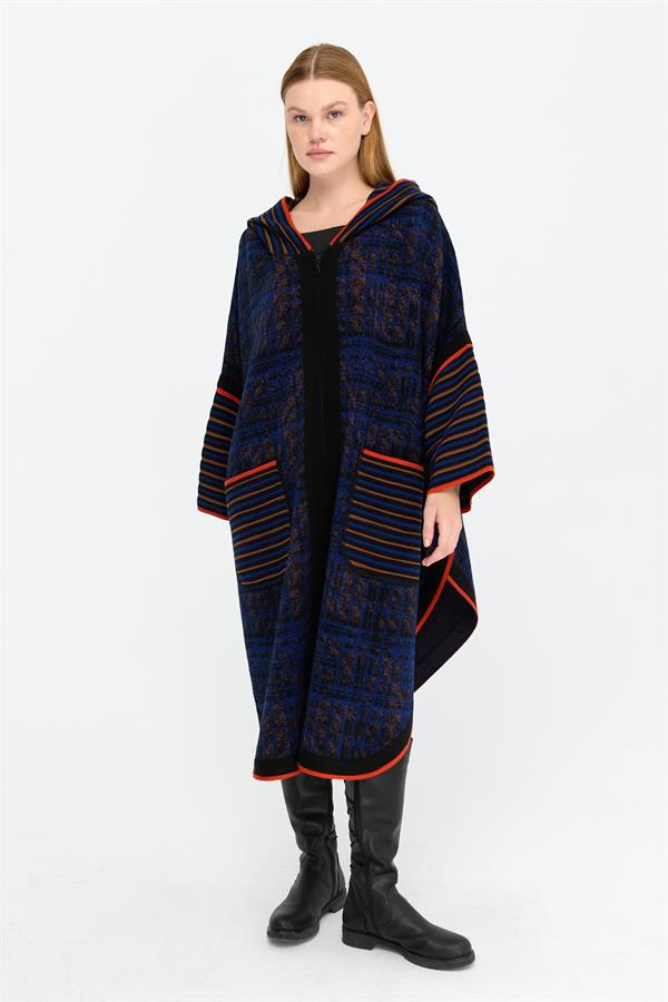 Kadın Kapüşonlu Fermuarlı Panço Siyah