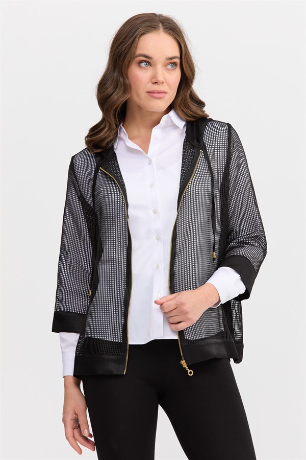 Женский жакет из сетчатой ​​ткани с капюшоном черный