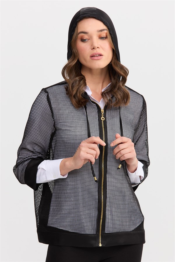 Женский жакет из сетчатой ​​ткани с капюшоном черный