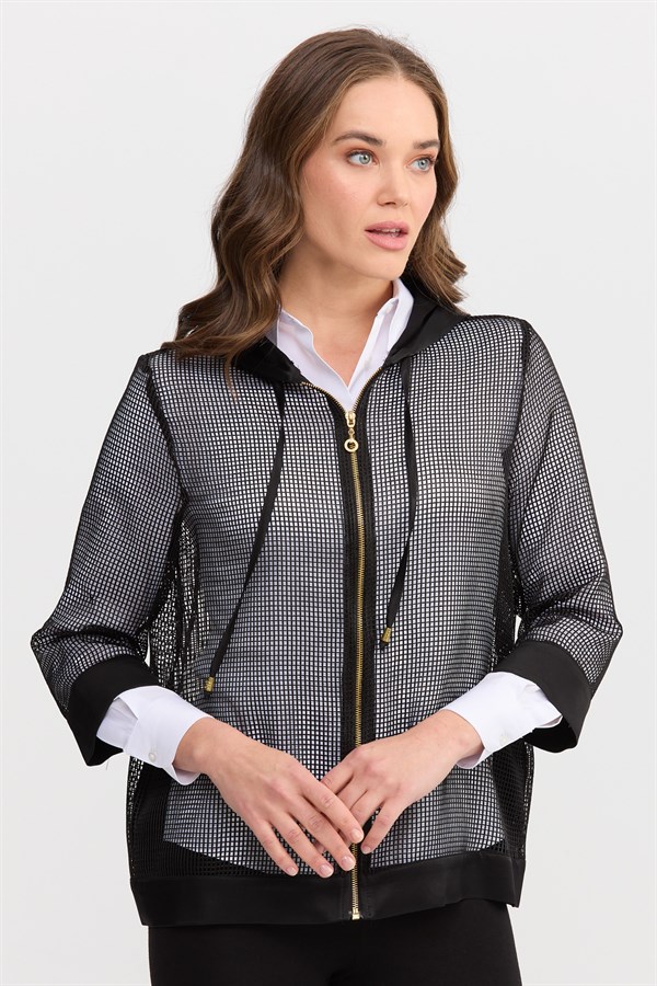Женский жакет из сетчатой ​​ткани с капюшоном черный