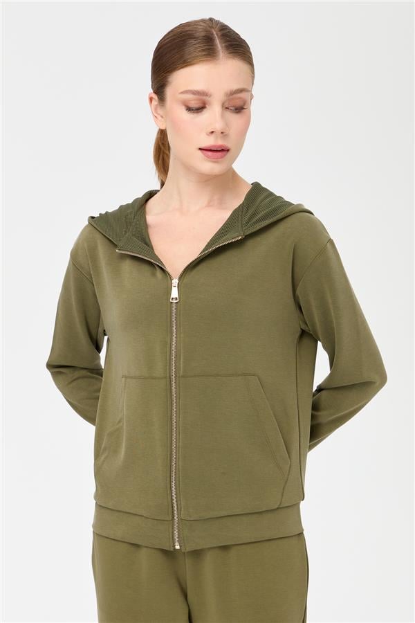 Женский сетчатый свитер с капюшоном и боковыми карманами