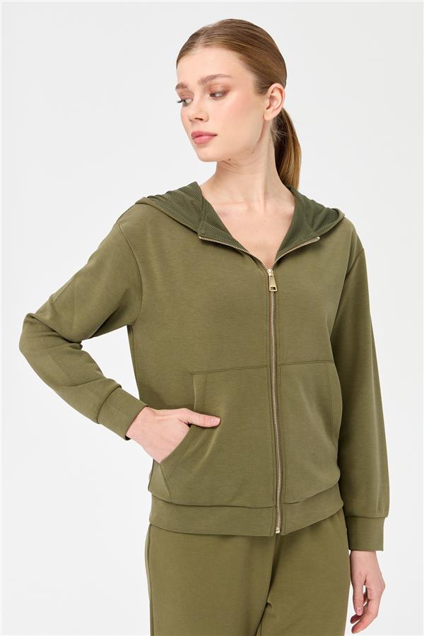 Женский сетчатый свитер с капюшоном и боковыми карманами