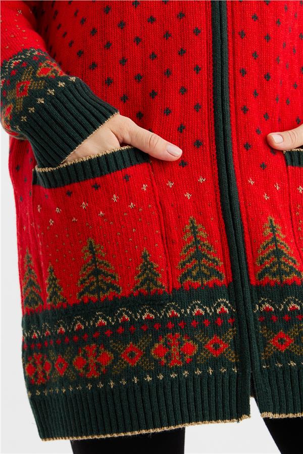 Женский шерстяной кардиган с капюшоном и узором оленя