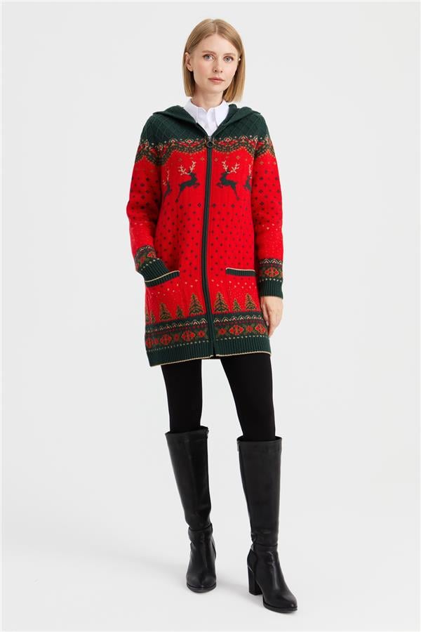 Женский шерстяной кардиган с капюшоном и узором оленя
