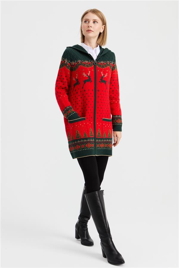 Женский шерстяной кардиган с капюшоном и узором оленя