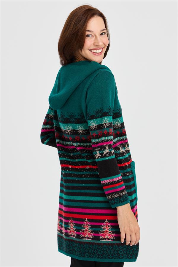 Женское длинное шерстяное пальто с капюшоном и узором снега и оленя