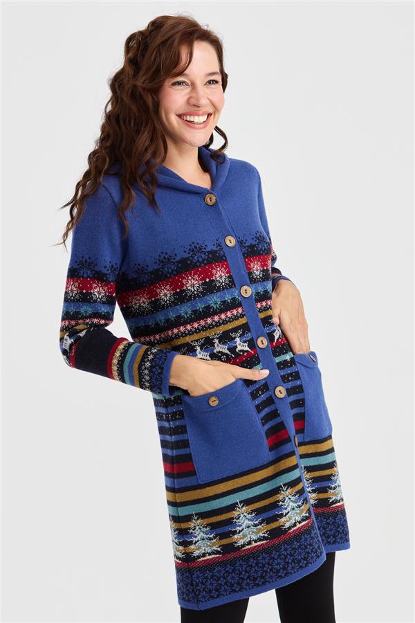 Женское длинное шерстяное пальто с капюшоном и узором снега и оленя