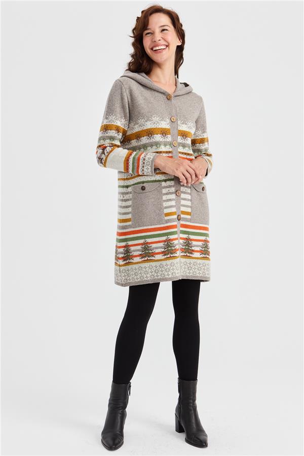 Женское длинное шерстяное пальто с капюшоном и узором снега и оленя