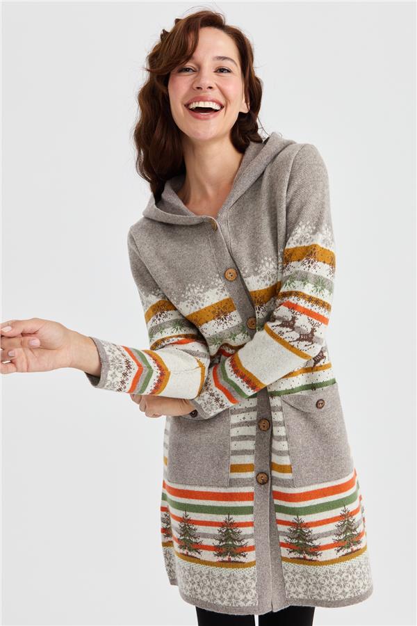 Женское длинное шерстяное пальто с капюшоном и узором снега и оленя