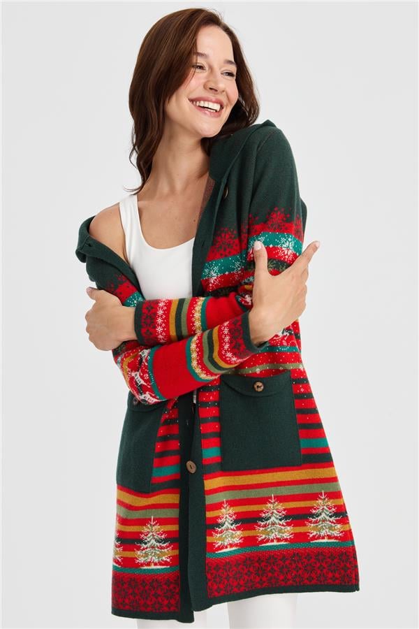 Женское длинное шерстяное пальто с капюшоном и узором снега и оленя