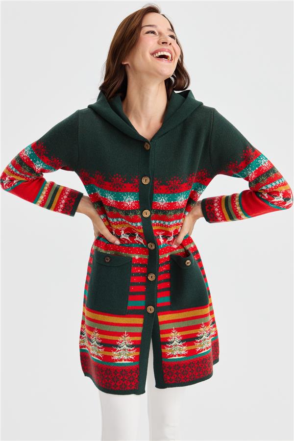 Женское длинное шерстяное пальто с капюшоном и узором снега и оленя