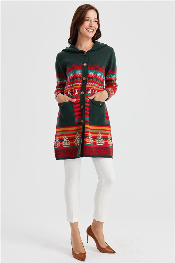 Женское длинное шерстяное пальто с капюшоном и узором снега и оленя