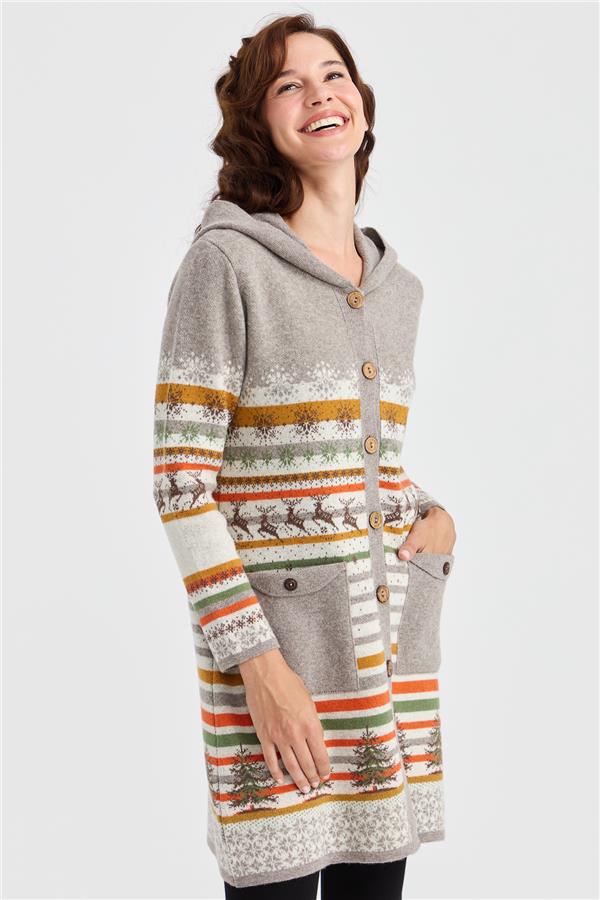 Женское длинное шерстяное пальто с капюшоном и узором снега и оленя