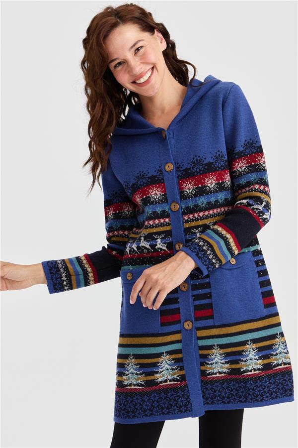 Женское длинное шерстяное пальто с капюшоном и узором снега и оленя