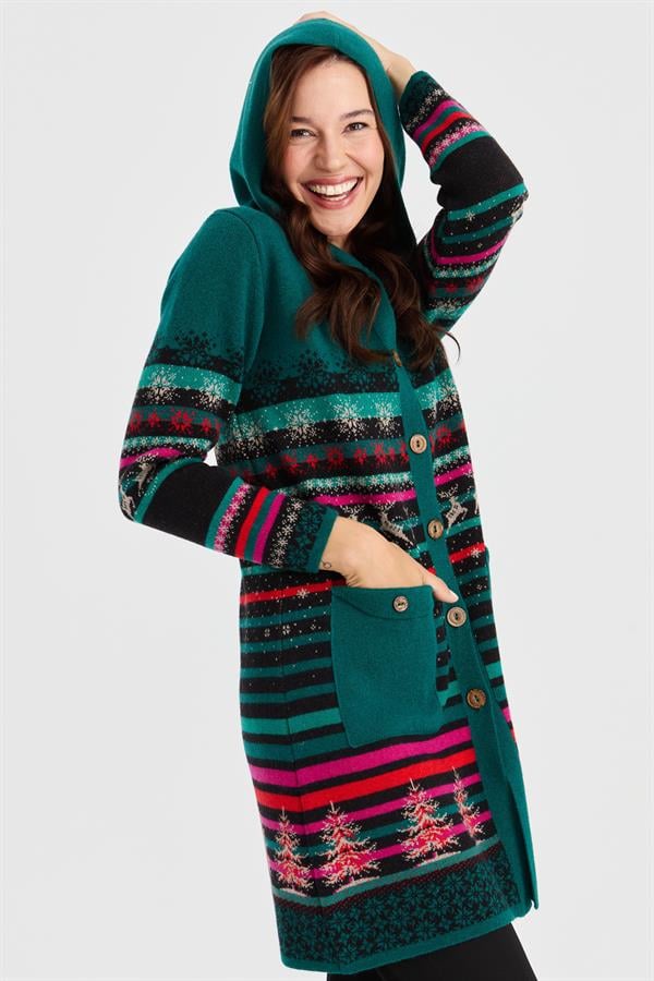 Женское длинное шерстяное пальто с капюшоном и узором снега и оленя