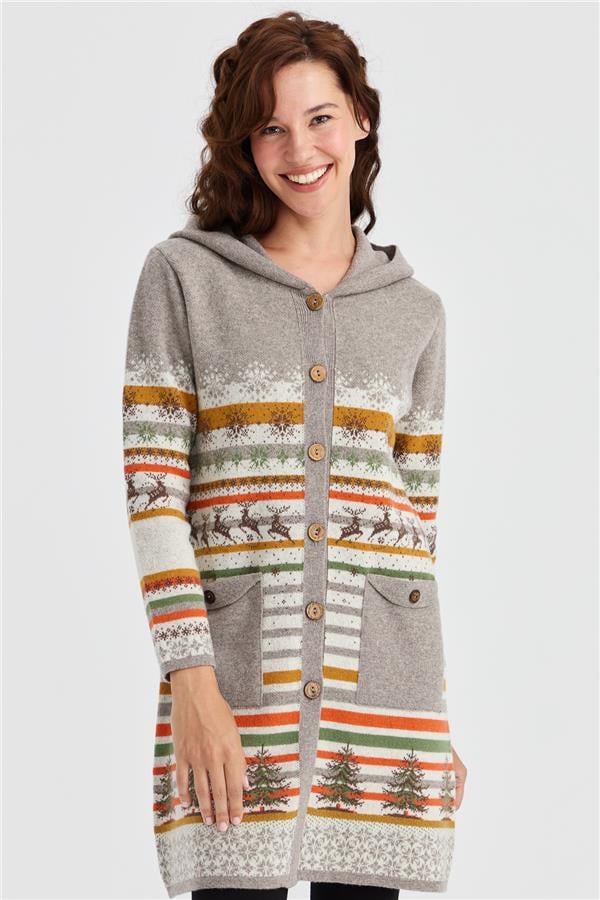 Женское длинное шерстяное пальто с капюшоном и узором снега и оленя