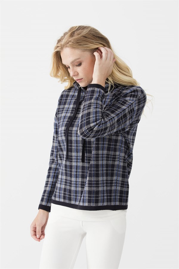 Женский короткий свитер в клетку с капюшоном, синий