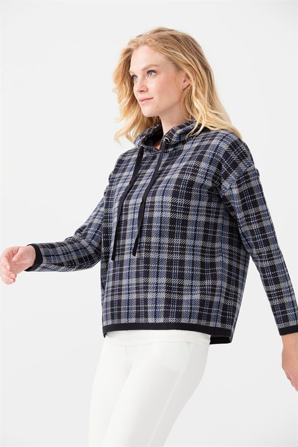 Женский короткий свитер в клетку с капюшоном, синий