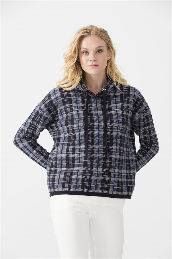 Женский короткий свитер в клетку с капюшоном, синий