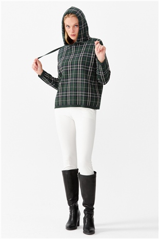 Женский короткий свитер в клетку с капюшоном, зеленый