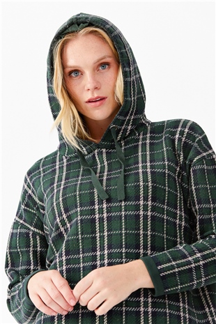 Женский короткий свитер в клетку с капюшоном, зеленый