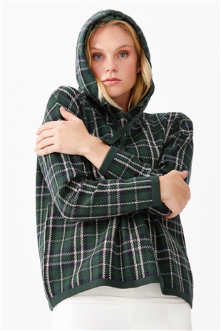 Женский короткий свитер в клетку с капюшоном, зеленый