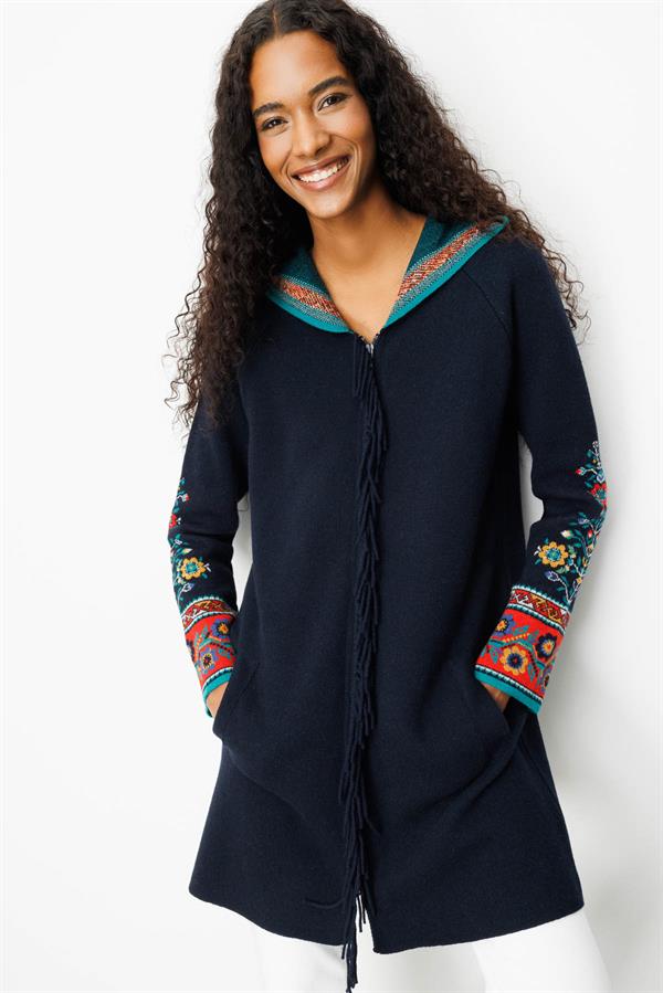 Kadın Kapüşonlu Kilim Jakarlı Püsküllü Yün Kaban K.Lacivert