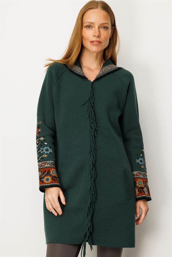 Kadın Kapüşonlu Kilim Jakarlı Püsküllü Yün Kaban Yeşil