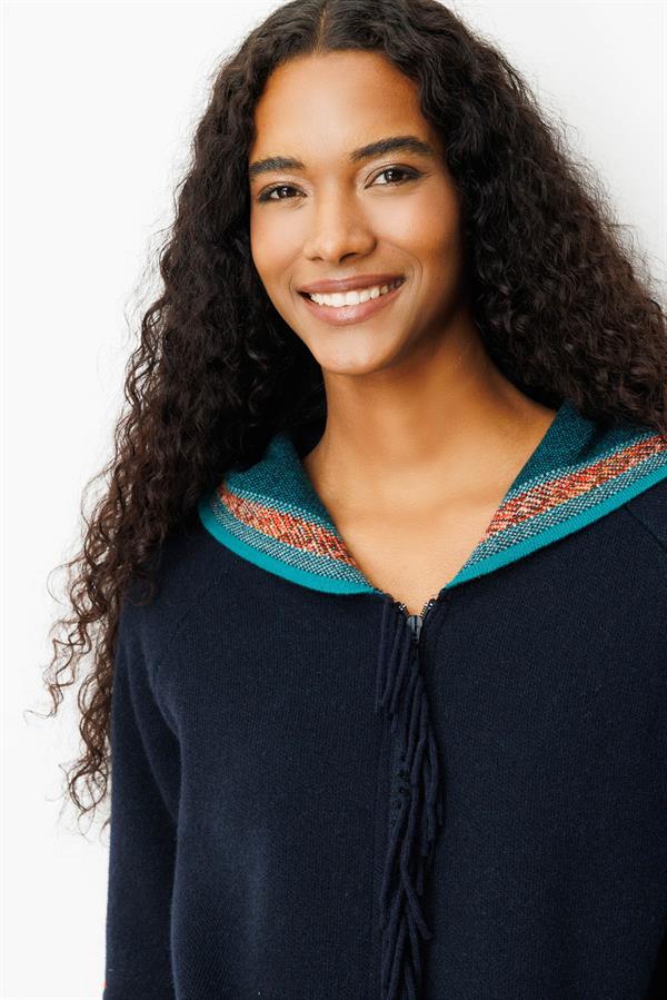 Kadın Kapüşonlu Kilim Jakarlı Püsküllü Yün Kaban K.Lacivert